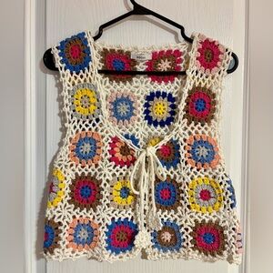 Addax Handmade Knitted Crochet Granny Square Floral Boho Hippie Colourful Vest